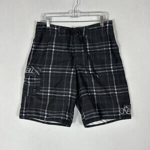 Oneill Board Shorts Mens Medium Black Gray Plaid Casual Beach Surf Swim Trunk